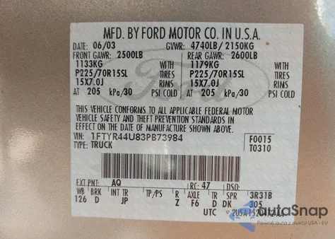 2003 Ford Ranger Edge/Tremor/Xlt from USA, damaged, VIN 1FTYR44U83PB73984